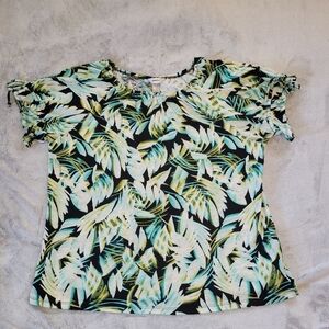 CJ Banks Womens Size 2X Short Sleeve Floral Tropical Soft 100% Cotton Blouse Top